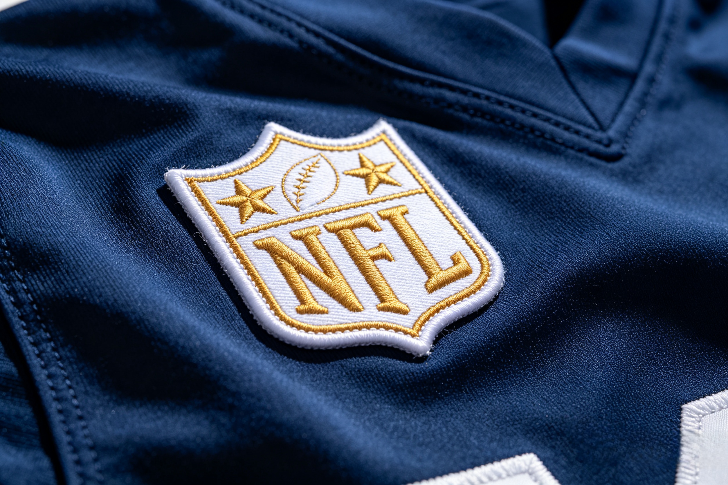 Close-up of a stitched NFL captain patch with gold stars