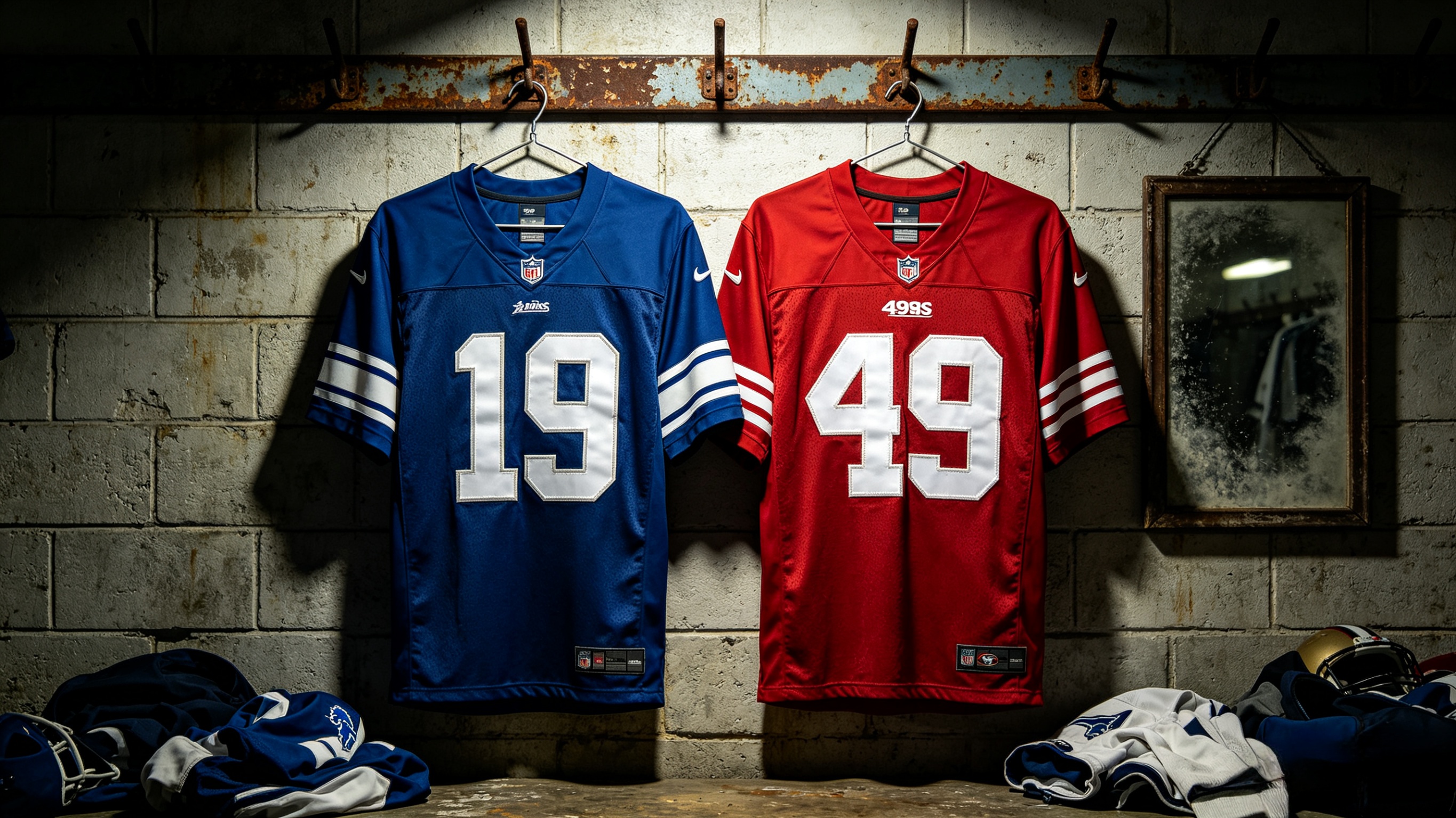 Durable stitched NFL jerseys hanging in a pro locker room