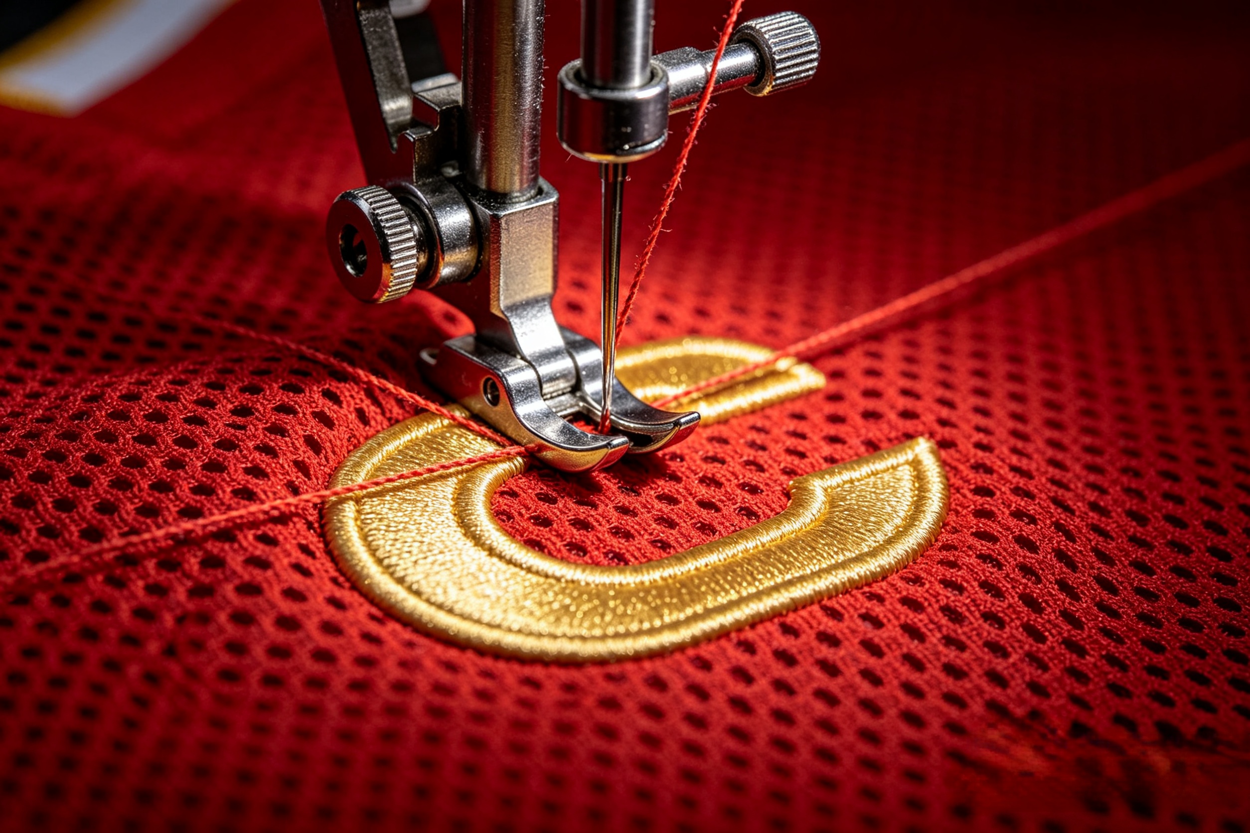 Detailed macro view of stitching a gold captain patch onto a jersey