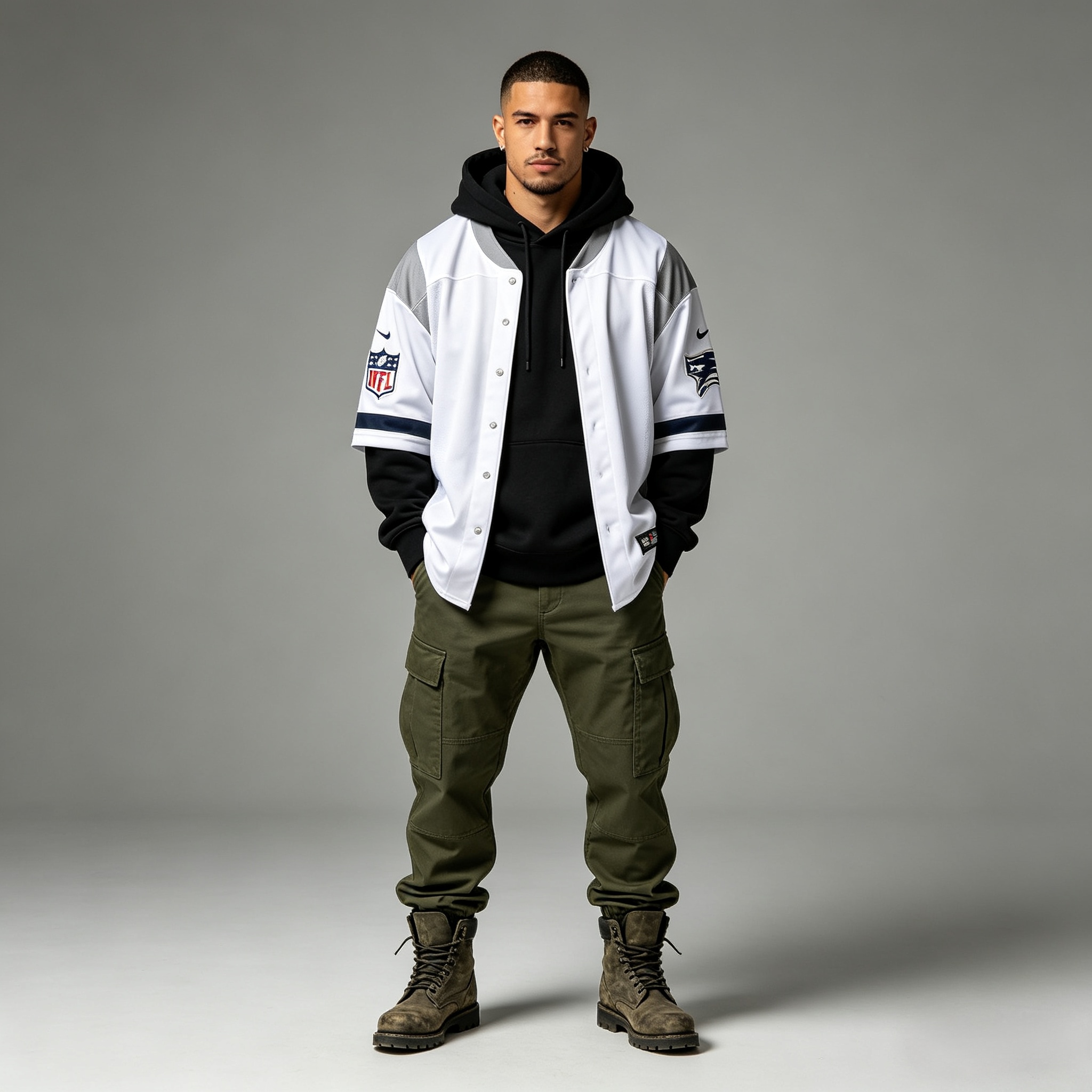 Beyond the Field: How Sports Fashion Redefined Streetwear 3 Oversized streetwear jersey layered over a hoodie outfit