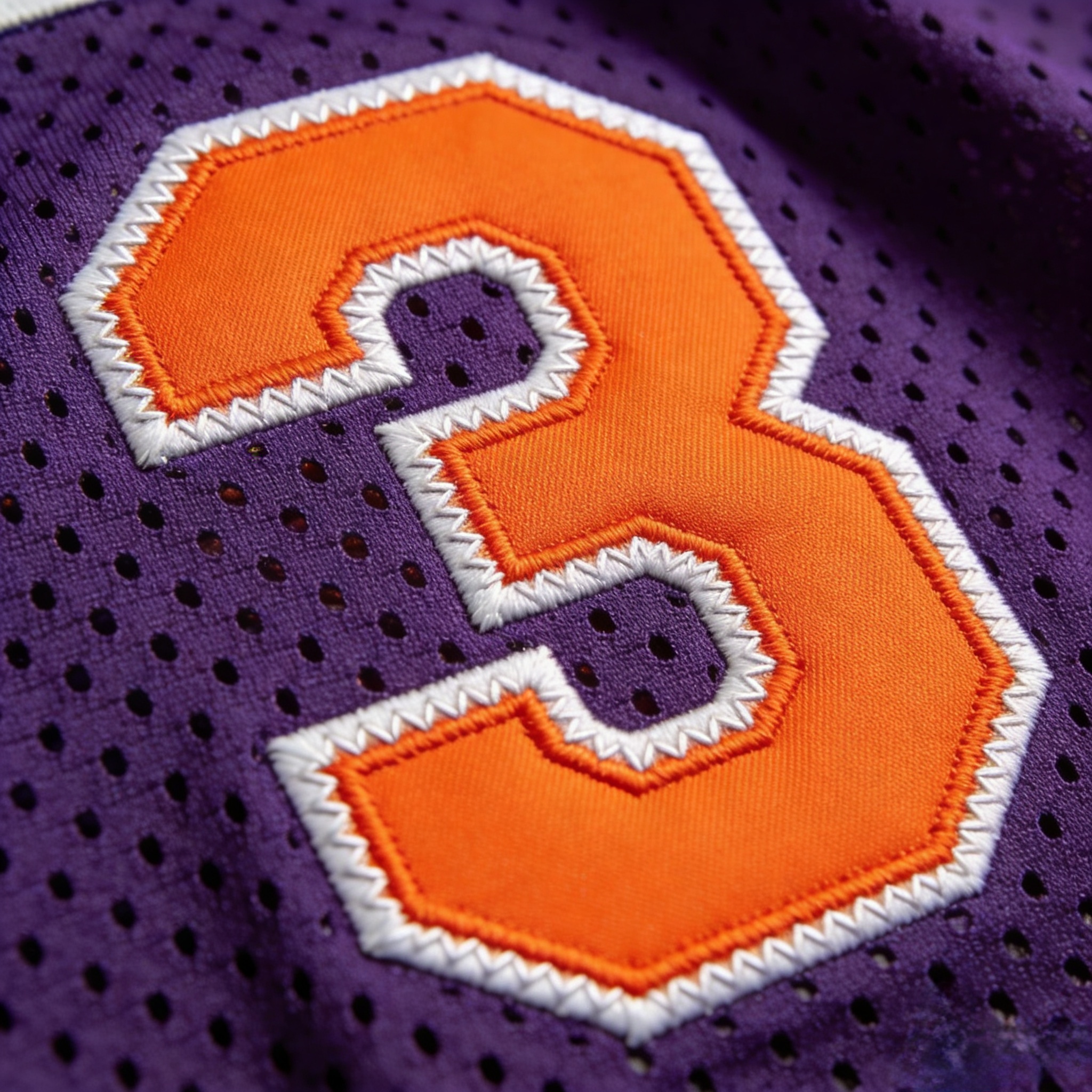 Macro close up of stitched tackle twill on a Kevin Durant jersey