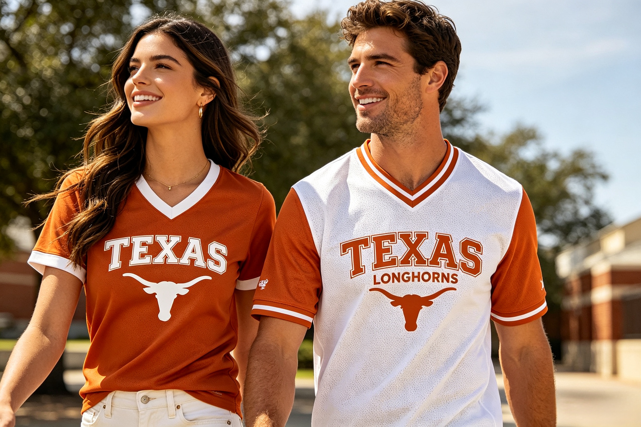 Male and female fans wearing fitted Texas Longhorns apparel