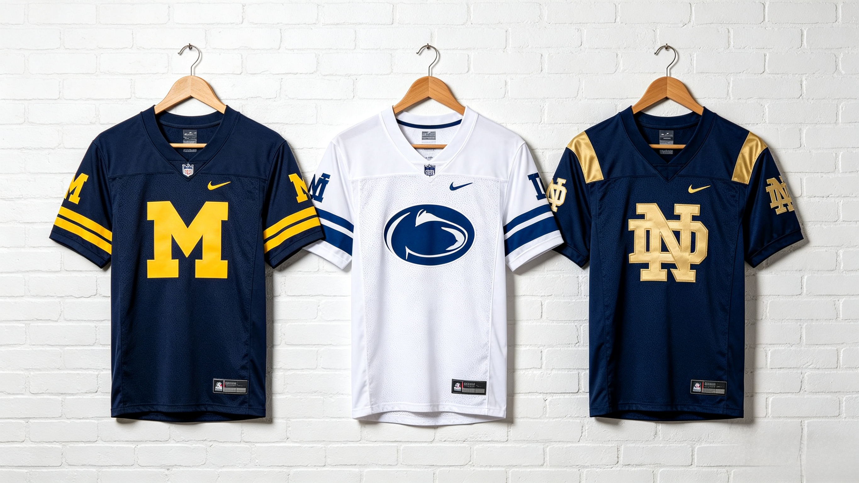 Collection of classic NCAA football jerseys from Michigan, Penn State, and Notre Dame