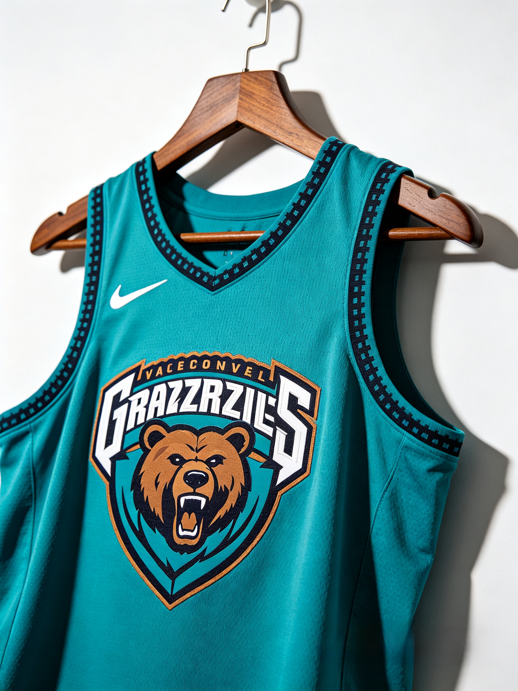 Front view of a teal Vancouver Grizzlies jersey with iconic bear logo