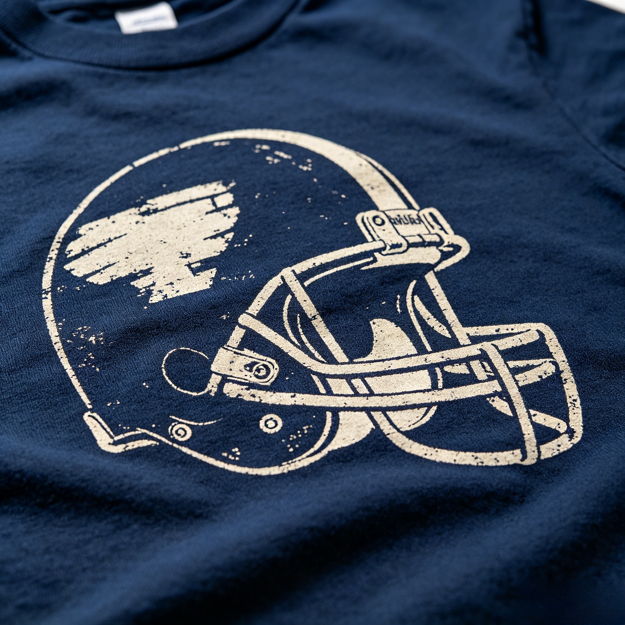 Close-up of heavyweight cotton and vintage print on an NFL shirt
