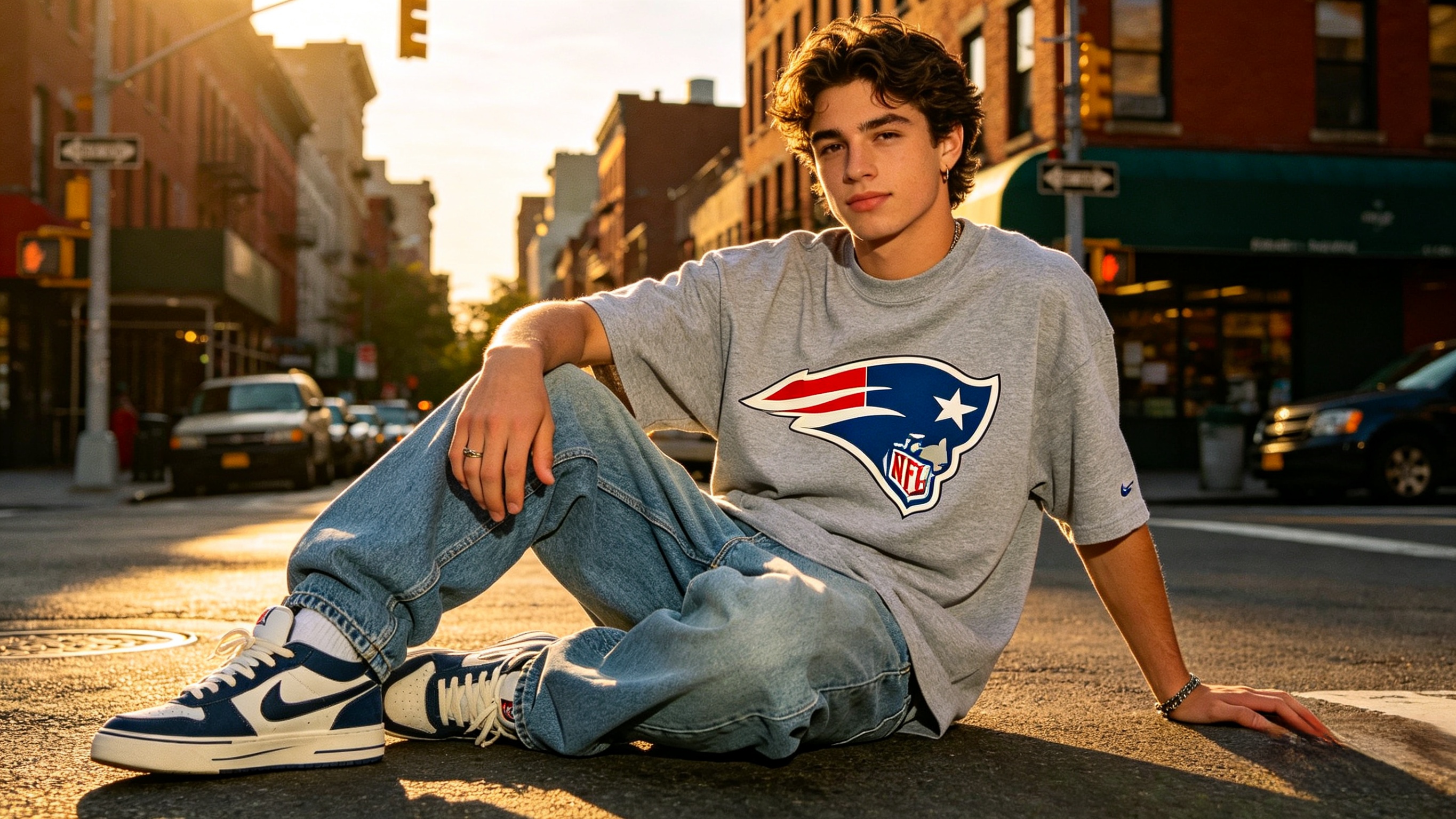 Young man wearing an oversized vintage NFL t-shirt in a city