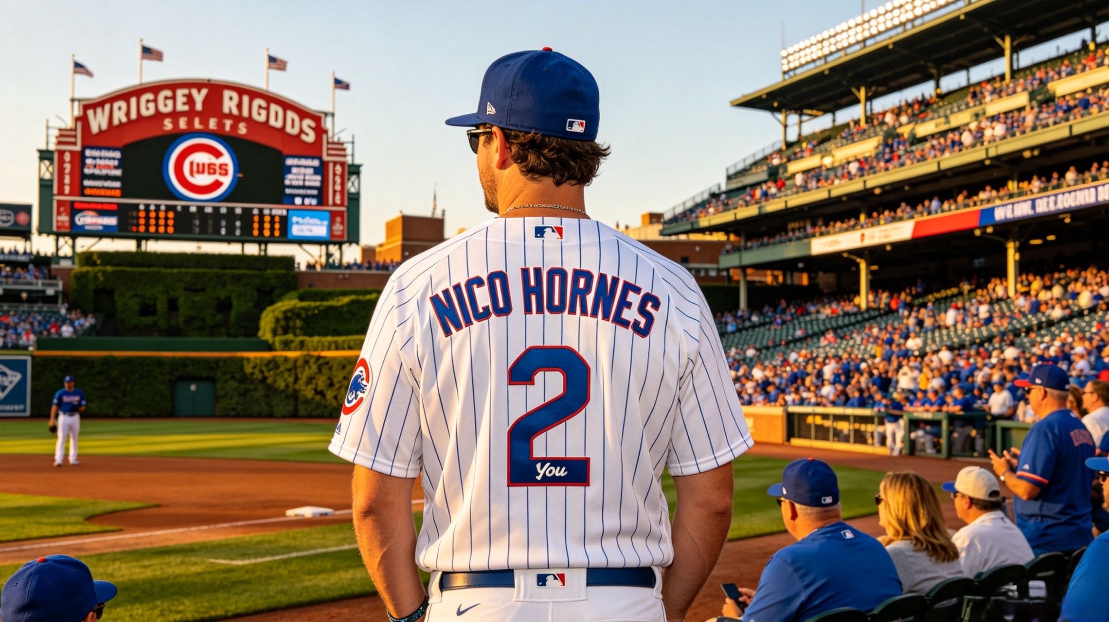Fan wearing Nico Hoerner #2 Cubs jersey from You Jersey at game day