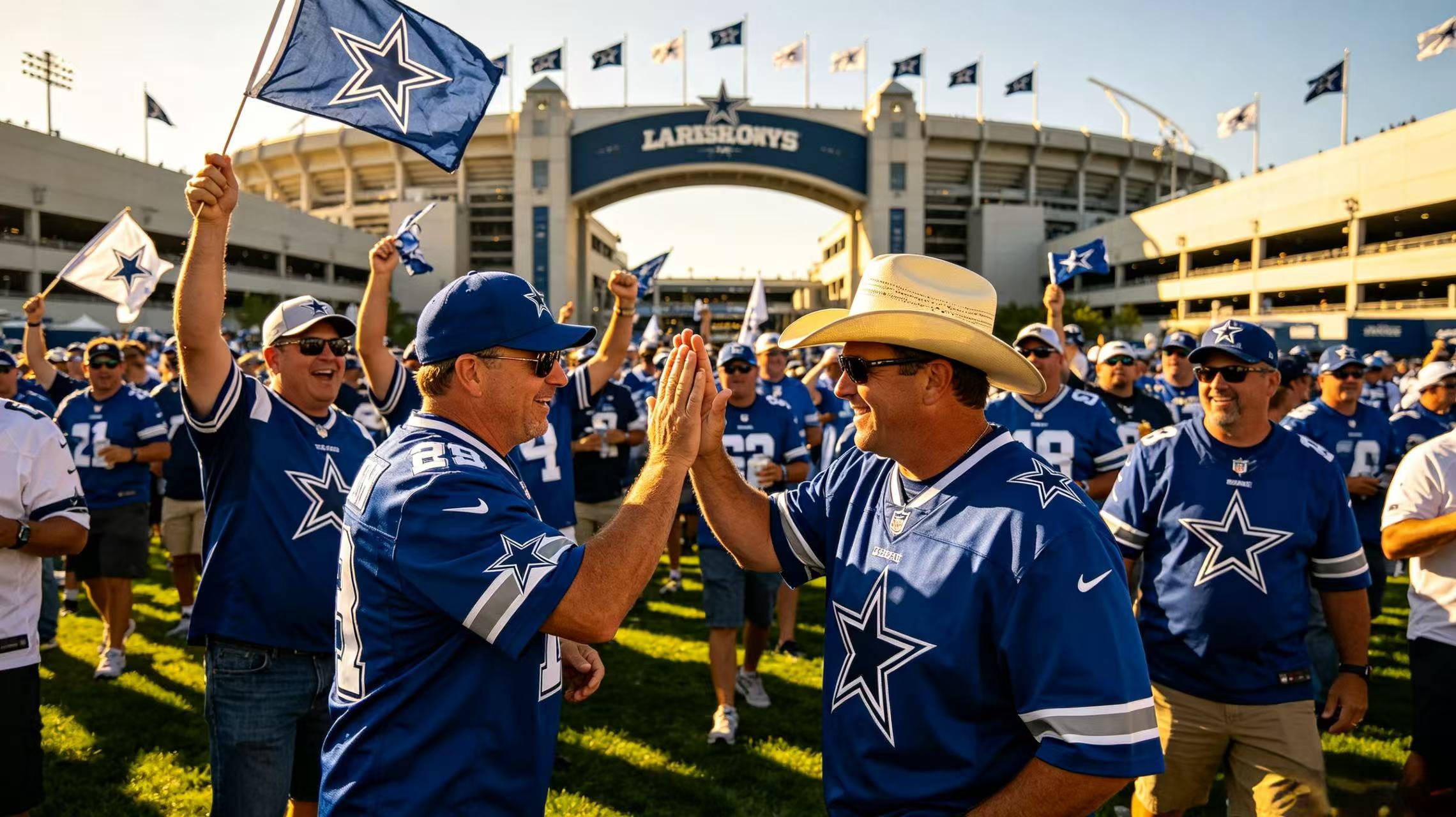 Fans in Cowboys apparel at a tailgate
