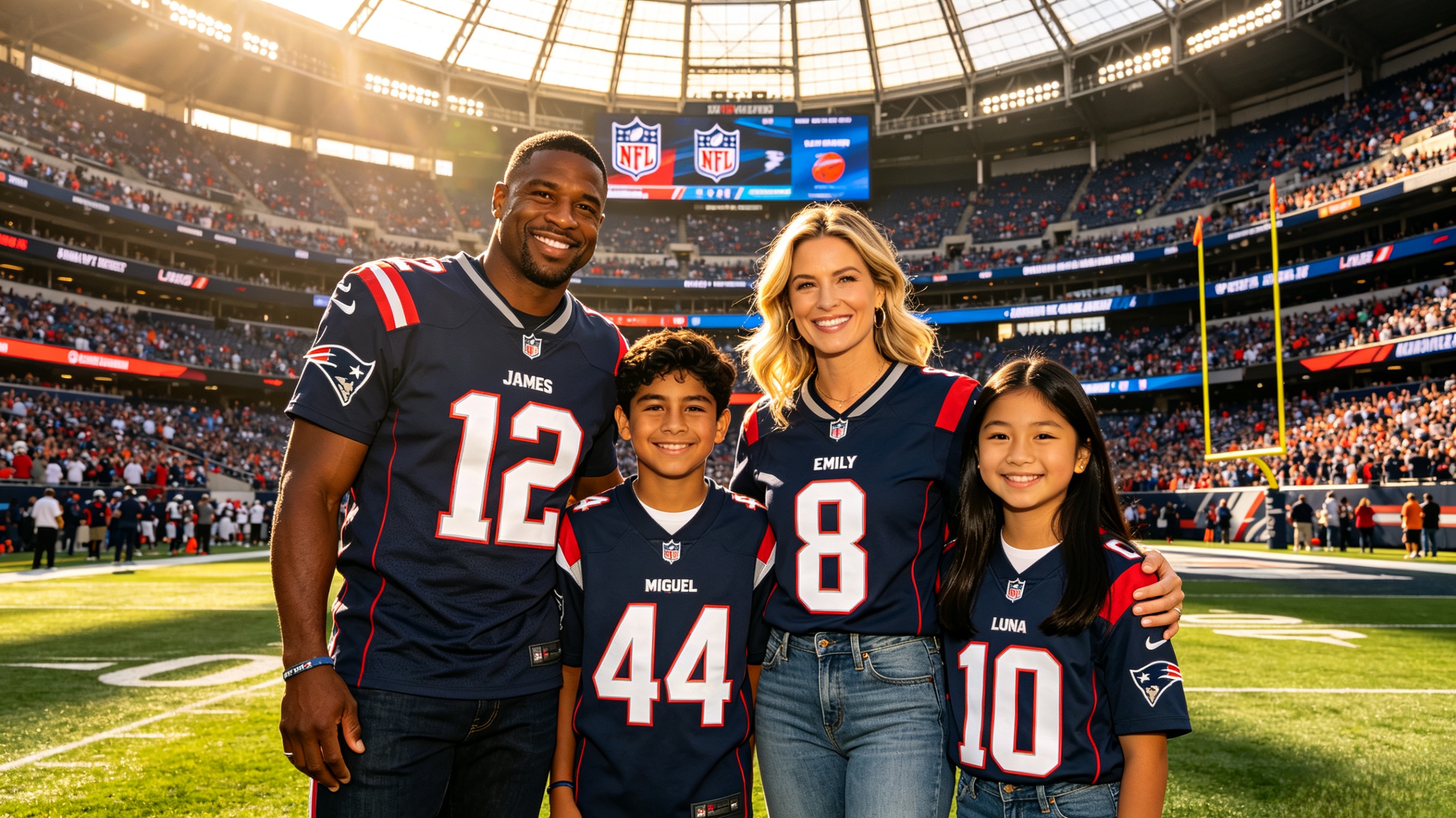 Family wearing personalized matching NFL jerseys