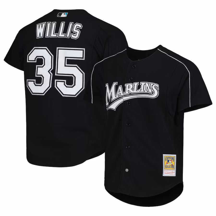 Men's Florida Marlins Dontrelle Willis Mitchell & Ness Black Cooperstown Collection Mesh Batting Practice Button-Up Jersey
