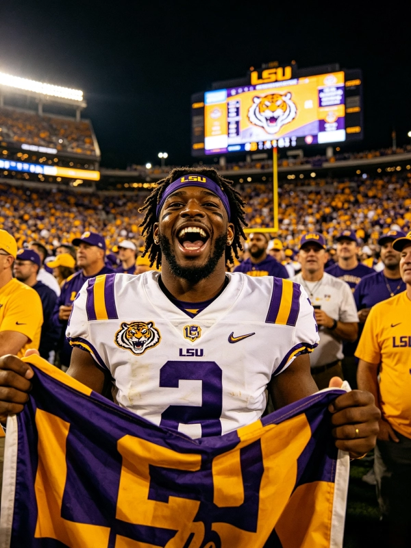 Fan wearing LSU football jersey