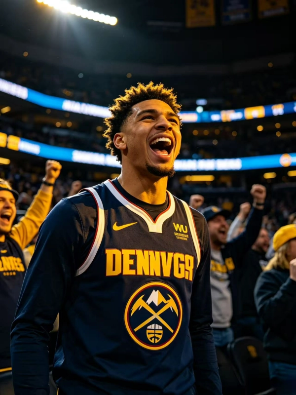 Fan wearing Nuggets basketball jersey